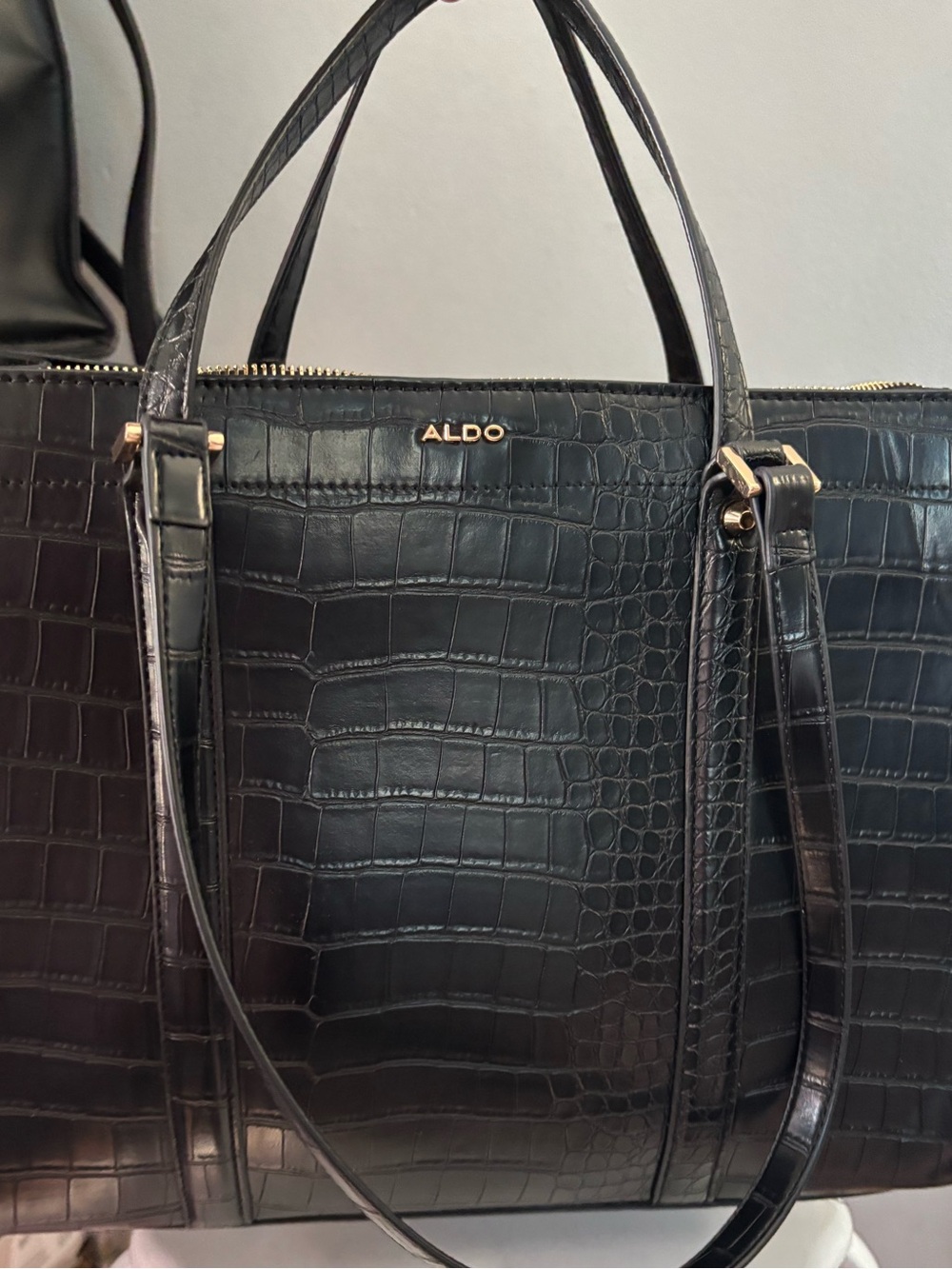 ALDO Black Croc-Embossed Tote with Gold Accents